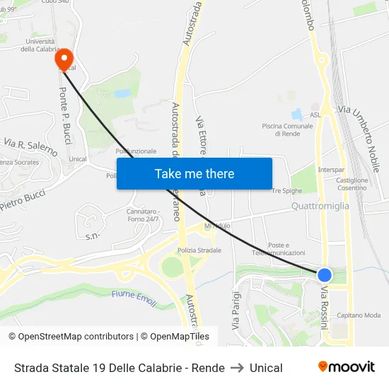 Strada Statale 19 Delle Calabrie - Rende to Unical map