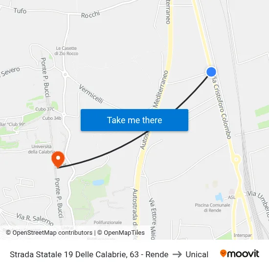 Strada Statale 19 Delle Calabrie, 63 - Rende to Unical map
