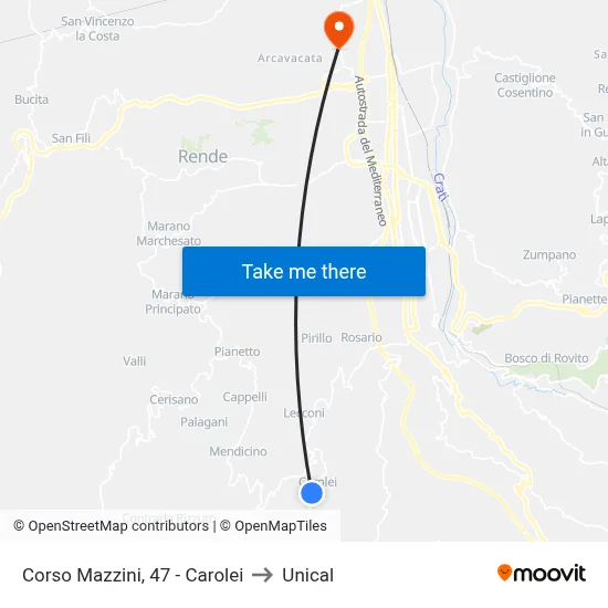 Corso Mazzini, 47 - Carolei to Unical map