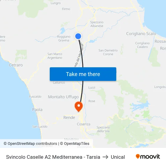Svincolo Caselle A2 Mediterranea - Tarsia to Unical map