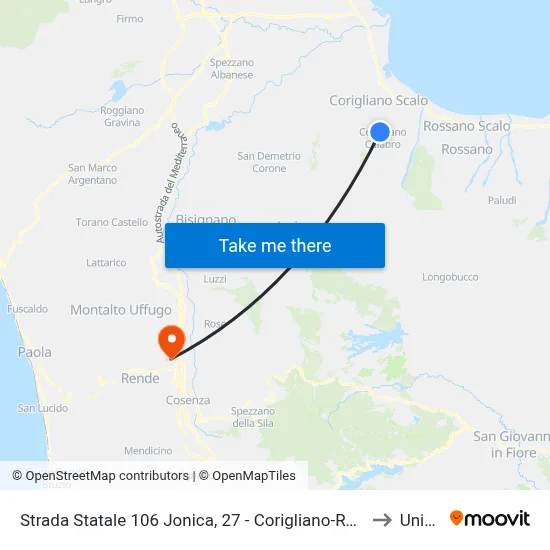 Strada Statale 106 Jonica, 27 - Corigliano-Rossano to Unical map