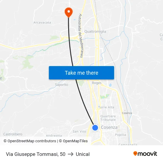 Via Giuseppe Tommasi, 50 to Unical map