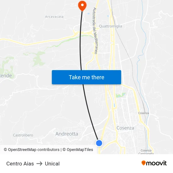 Centro Aias to Unical map