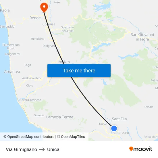 Via Gimigliano to Unical map