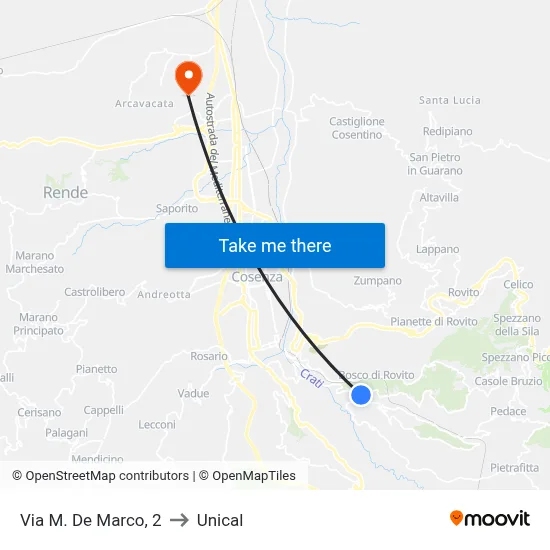 Via M. De Marco, 2 to Unical map