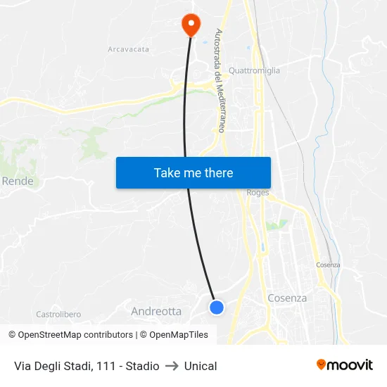 Via Degli Stadi, 111 - Stadio to Unical map