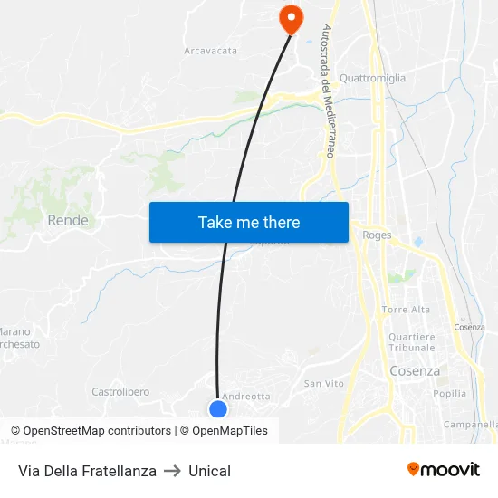 Fratellanza Street to Unical map