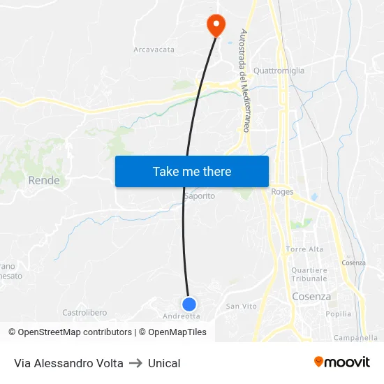 Alessandro Volta Street to Unical map