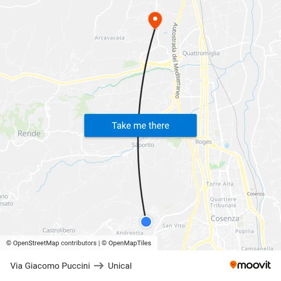 Giacomo Puccini Street to Unical map