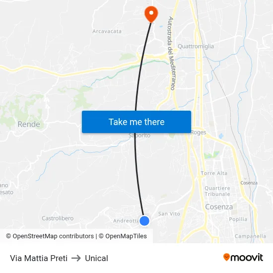 Mattia Preti Street to Unical map