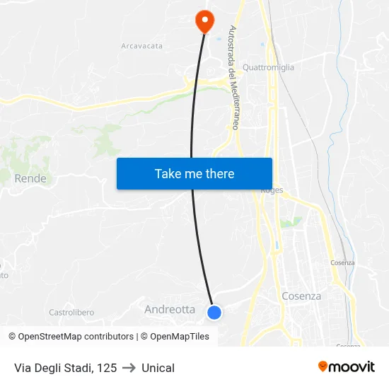 Via Degli Stadi, 125 to Unical map