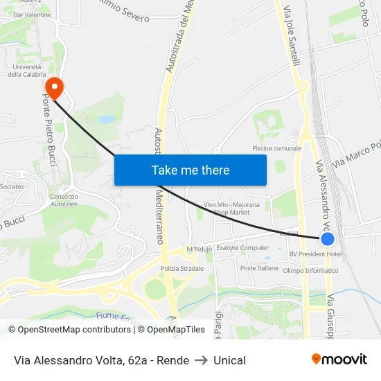 Via Alessandro Volta, 62a - Rende to Unical map