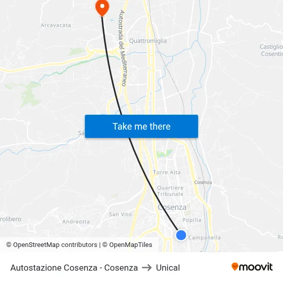 Cosenza Bus Station - Cosenza to Unical map