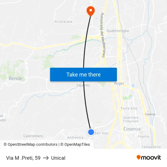Via M. Preti, 59 to Unical map