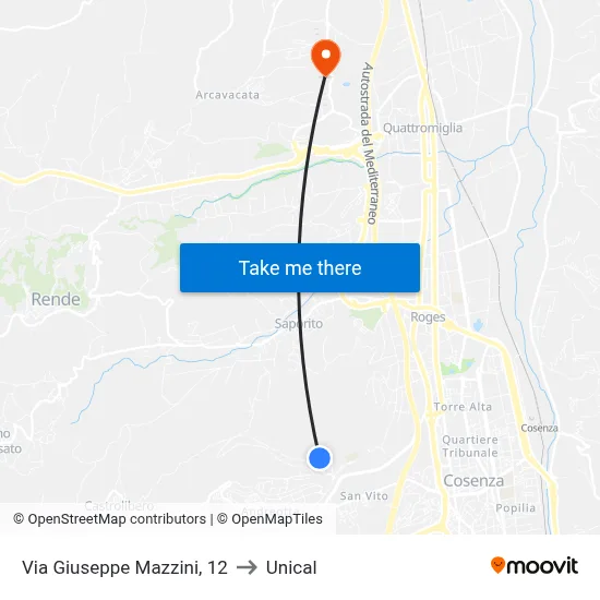 Giuseppe Mazzini Street, 12 to Unical map