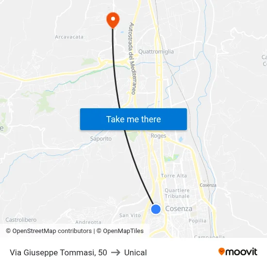 Via Giuseppe Tommasi, 50 to Unical map