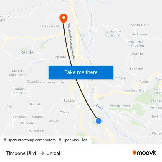 Timpone Ulivi to Unical map