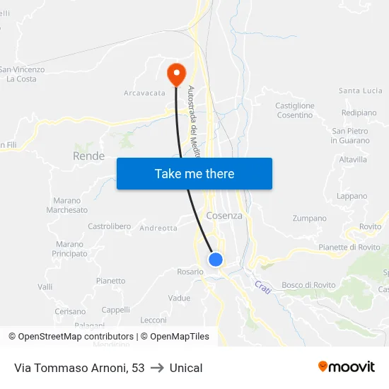 Via Tommaso Arnoni, 53 to Unical map
