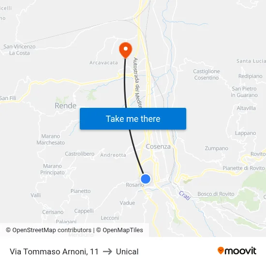 Tommaso Arnoni Street 11 to Unical map