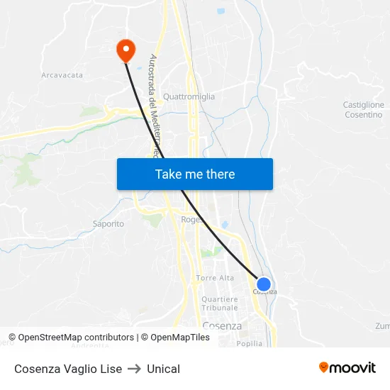 Cosenza Vaglio Lise to Unical map