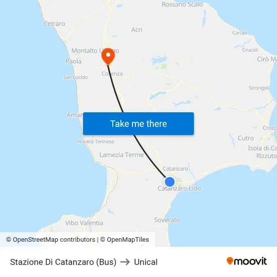 Catanzaro Station (Bus) to Unical map
