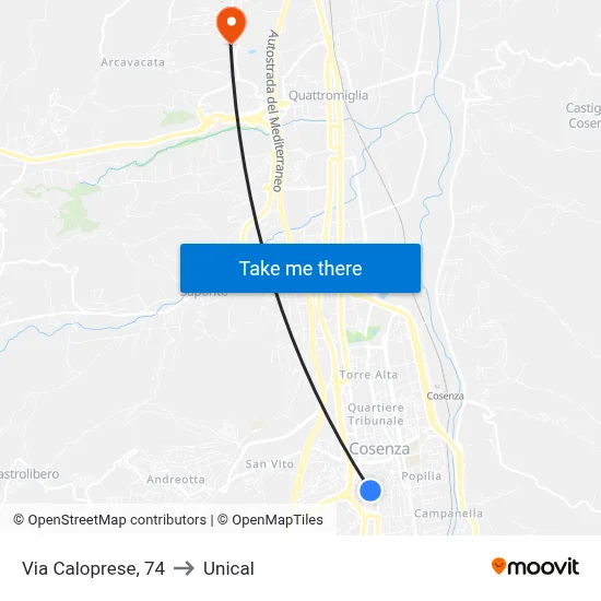 Caloprese Street, 74 to Unical map