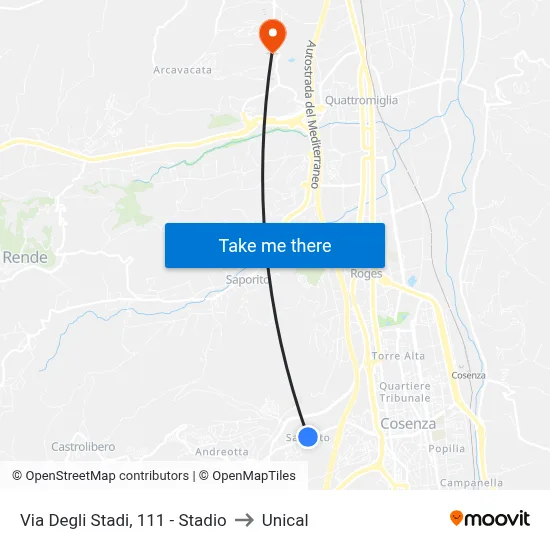 Via Degli Stadi, 111 - Stadium to Unical map