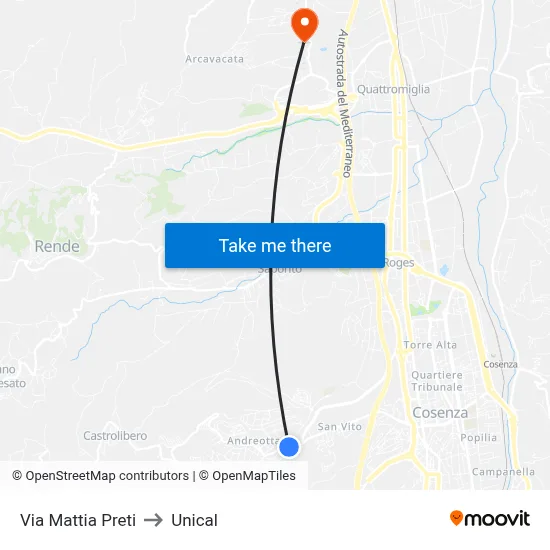Mattia Preti Street to Unical map