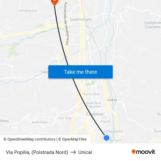 Via Popilia, (Highway Police North) to Unical map
