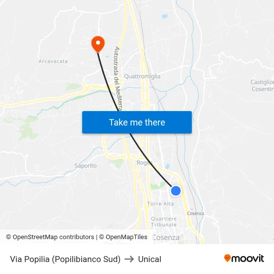 Popilia Street (South Popilibianco) to Unical map