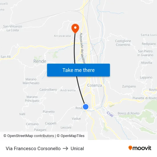 Francesco Corsonello Street to Unical map
