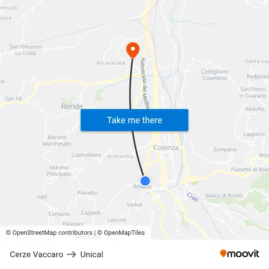Cerze Vaccaro to Unical map