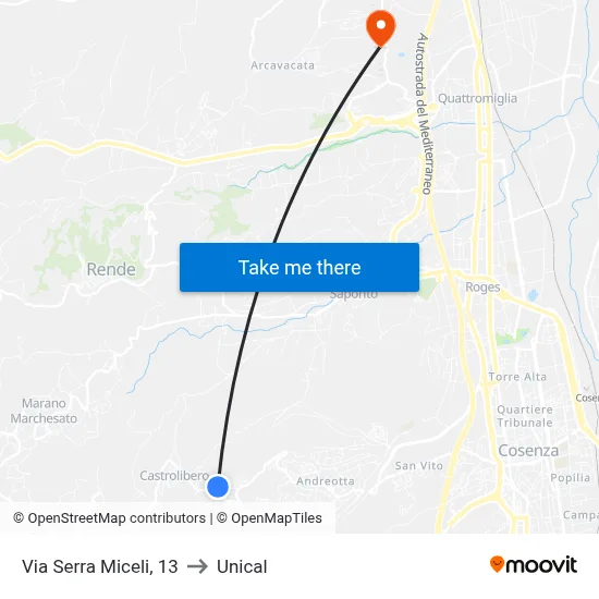 Via Serra Miceli, 13 to Unical map