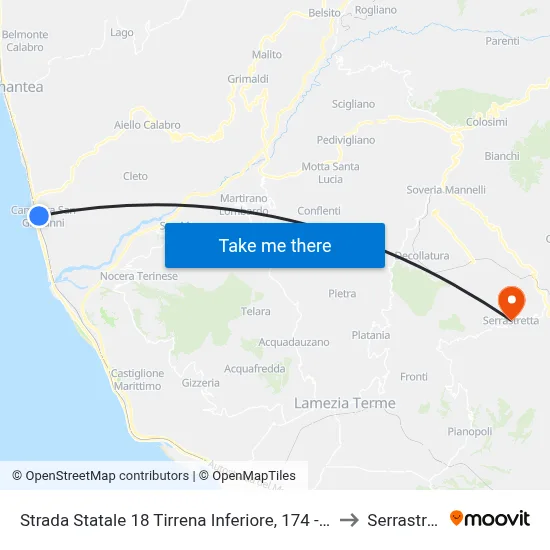 State Road 18 Tyrrhenian Coast, 174 - Amantea to Serrastretta map