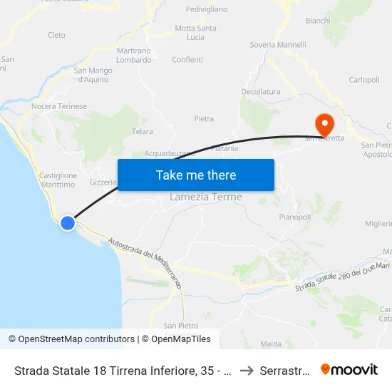 Lower Tyrrhenian State Road 18, 35 - Gizzeria to Serrastretta map