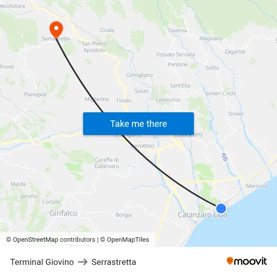 Giovino Terminal to Serrastretta map