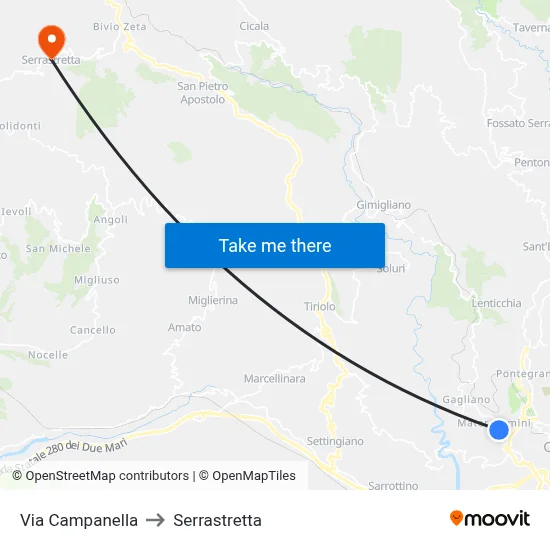 Campanella Street to Serrastretta map