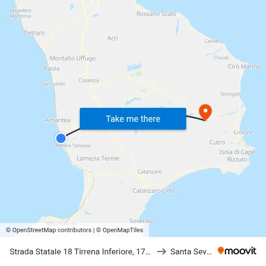 State Road 18 Tyrrhenian Coast, 174 - Amantea to Santa Severina map