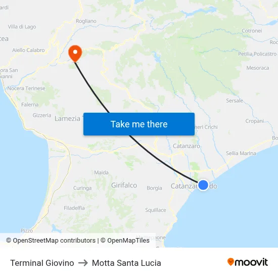 Giovino Terminal to Motta Santa Lucia map