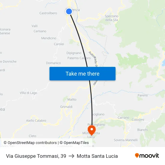 Via Giuseppe Tommasi, 39 to Motta Santa Lucia map