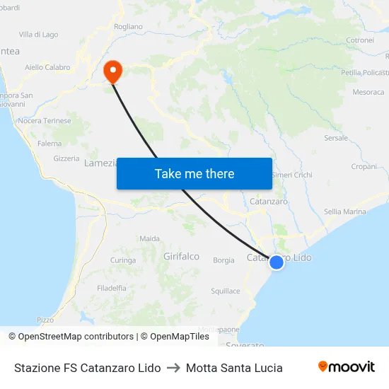 Catanzaro Lido Railway Station to Motta Santa Lucia map