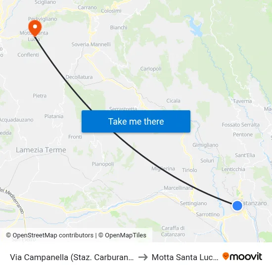 Via Campanella (Fuel Station) to Motta Santa Lucia map