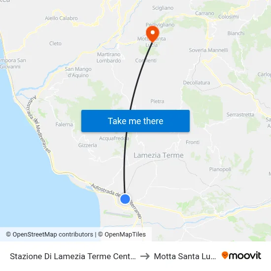 Lamezia Terme Central Station to Motta Santa Lucia map