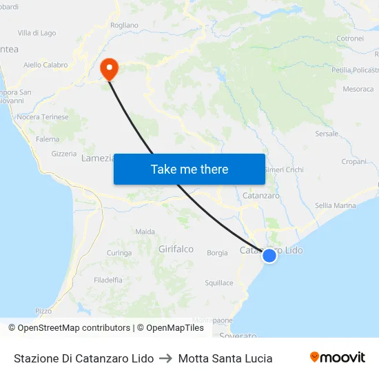 Catanzaro Lido Station to Motta Santa Lucia map