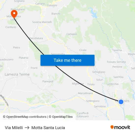 Via Milelli to Motta Santa Lucia map