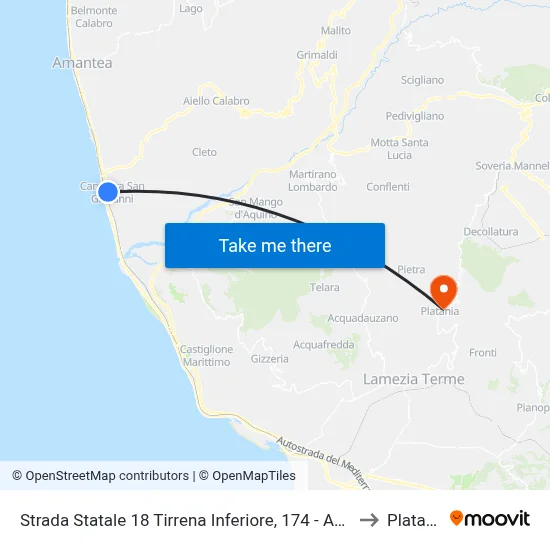State Road 18 Tyrrhenian Coast, 174 - Amantea to Platania map