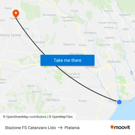 Catanzaro Lido Railway Station to Platania map
