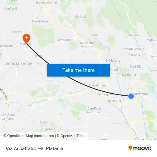 Via Accattatis to Platania map