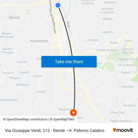 Via Giuseppe Verdi, 212 - Rende to Paterno Calabro map