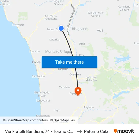 Via Fratelli Bandiera, 74 - Torano Castello to Paterno Calabro map